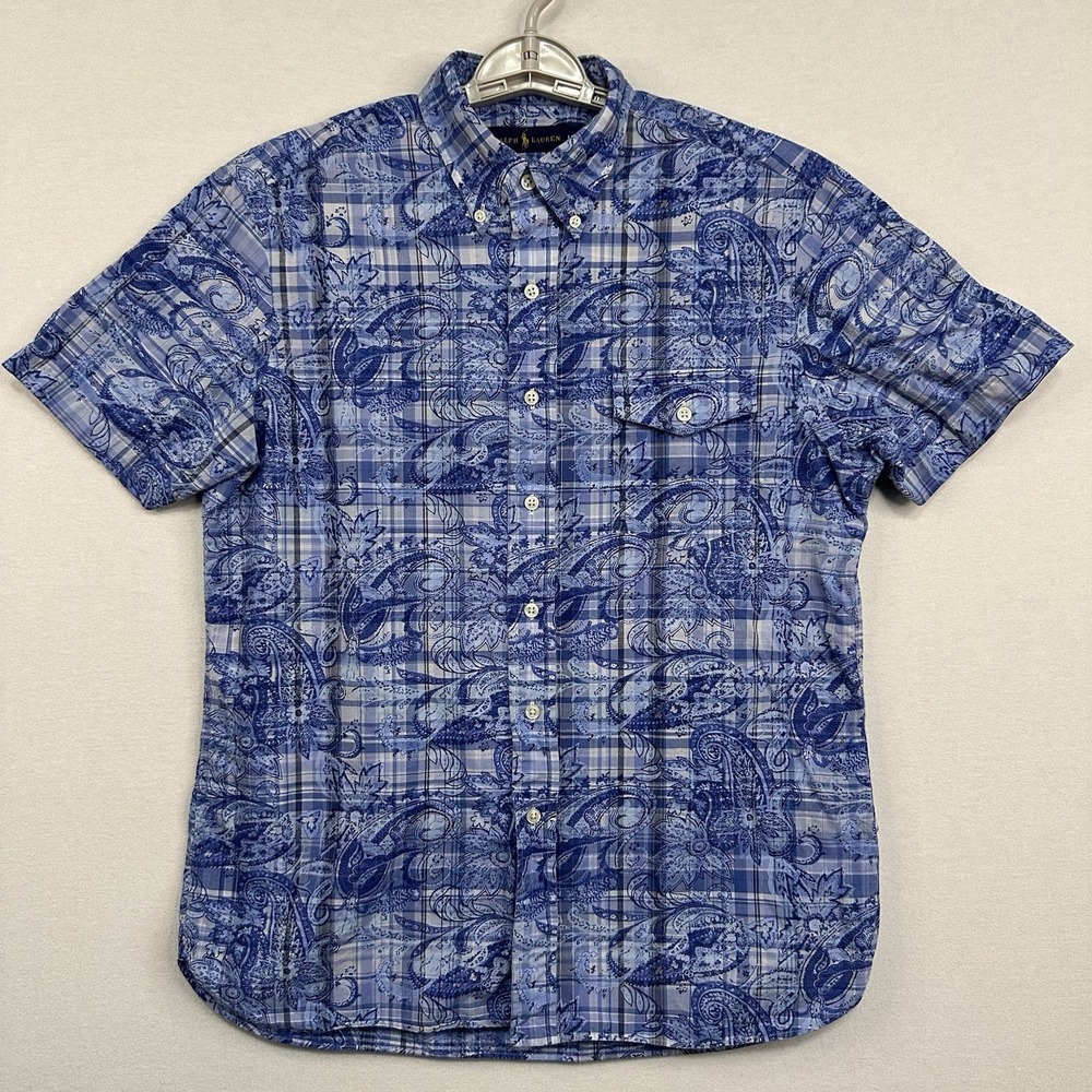 Ralph Lauren Men's Medium Blue Paisley Pattern Button Down Short Sleeve Shirt